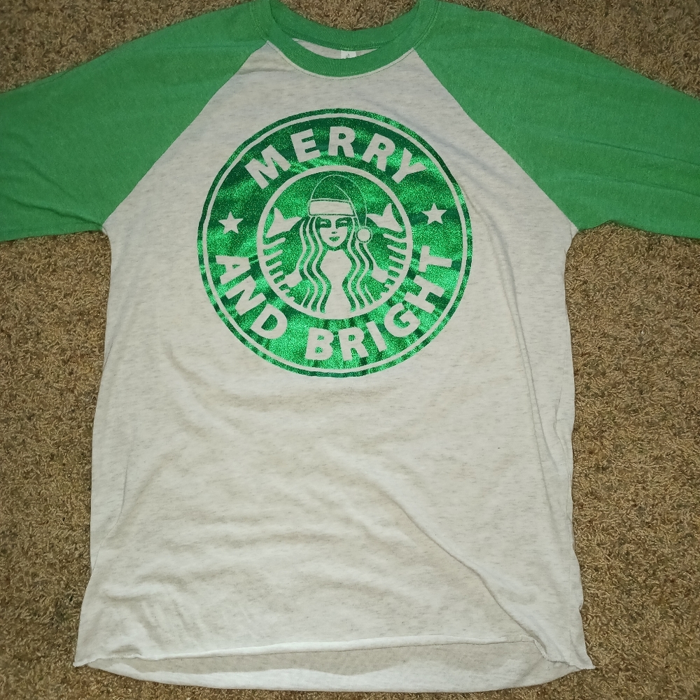 NL, Women's 3/4 Sleeve Graphic Tee, "MERRY AND BRIGHT," Green & Gray, Size M